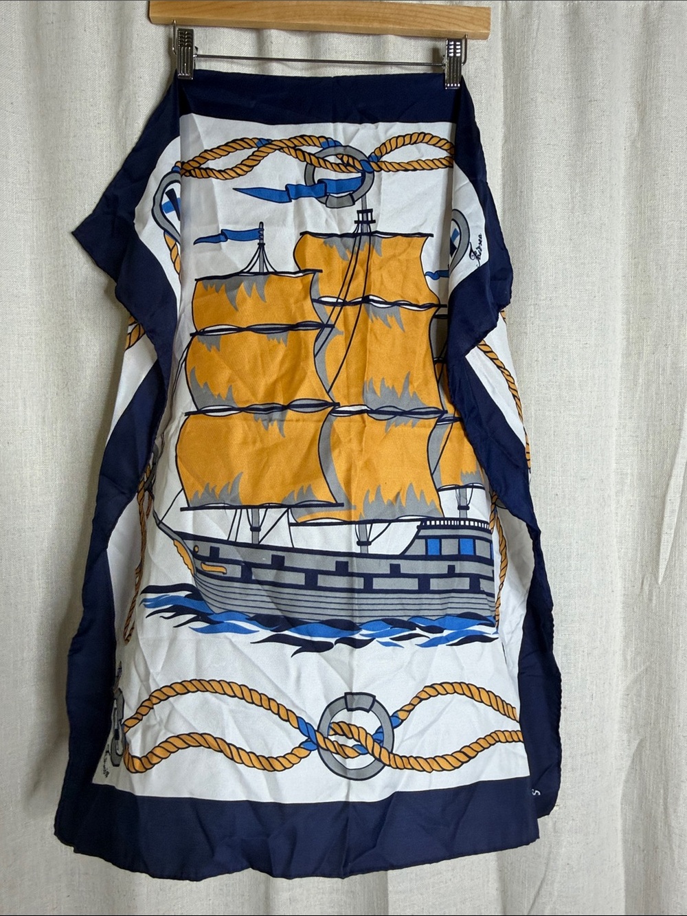 Nautical Ship Print Silk Scarf in Navy, Gold & White